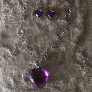 Purple and Silver Heart Necklace and Earrings